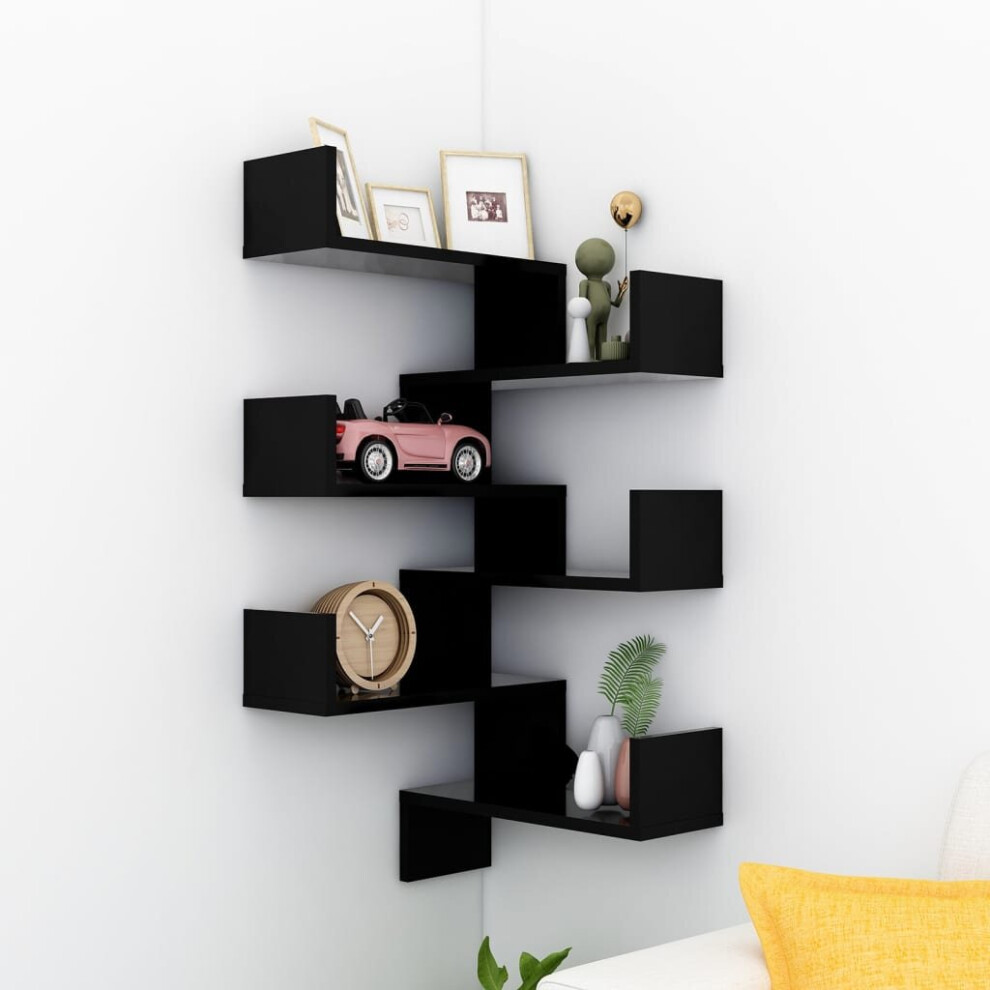 vidaXL 2x Wall Corner Shelves Black Chipboard Home Wall-Mounted Hanging Shelf