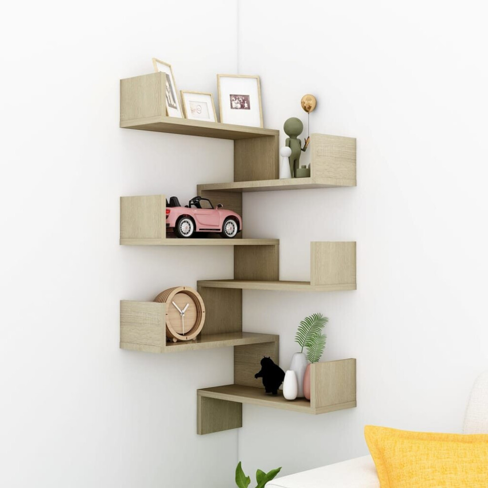 vidaXL 2x Wall Corner Shelves Sonoma Oak Chipboard Home Hanging Shelf Unit