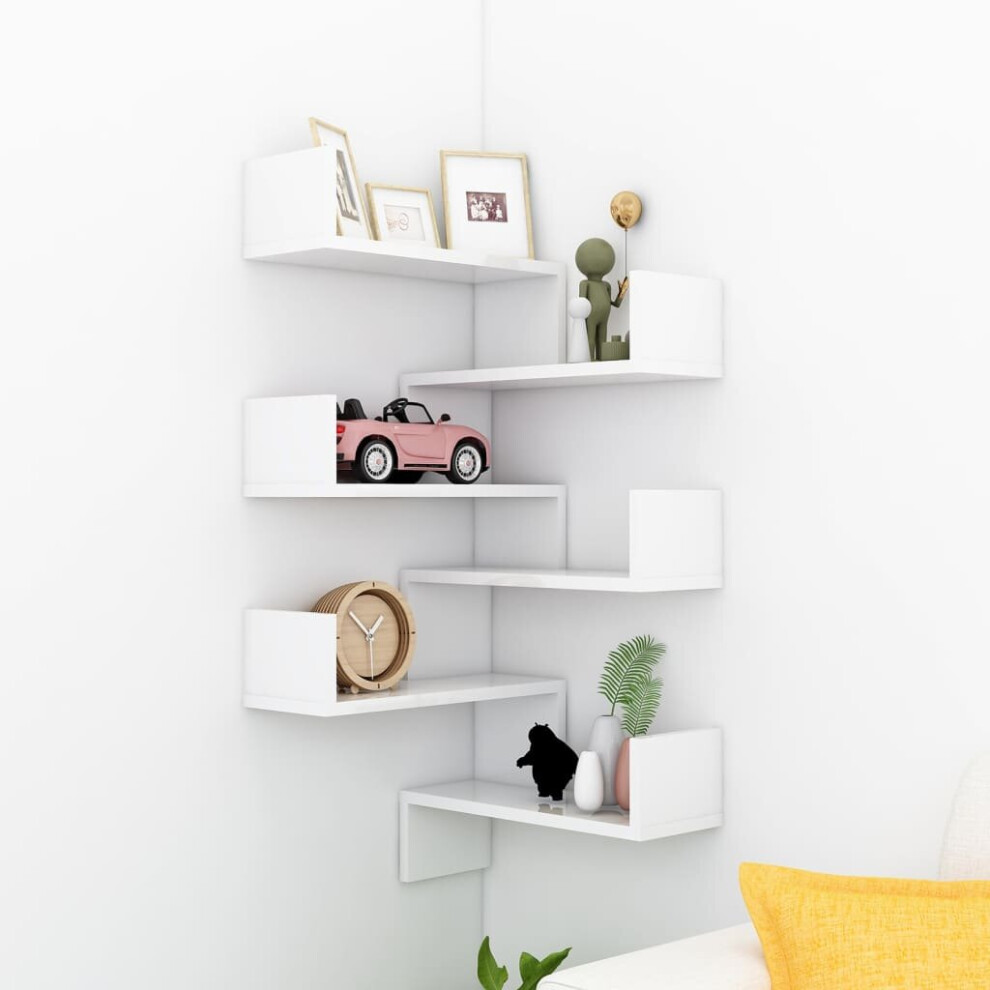 vidaXL 2x Wall Corner Shelves High Gloss White Chipboard Home Hanging Shelf