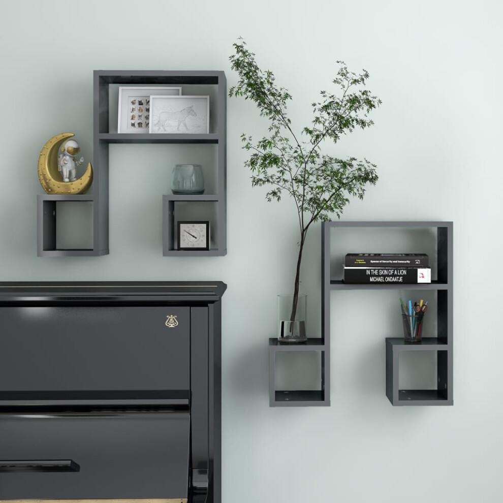 Vidaxl 2X Wall Shelf High Gloss Grey Engineered Wood Indoor Hanging Shelf
