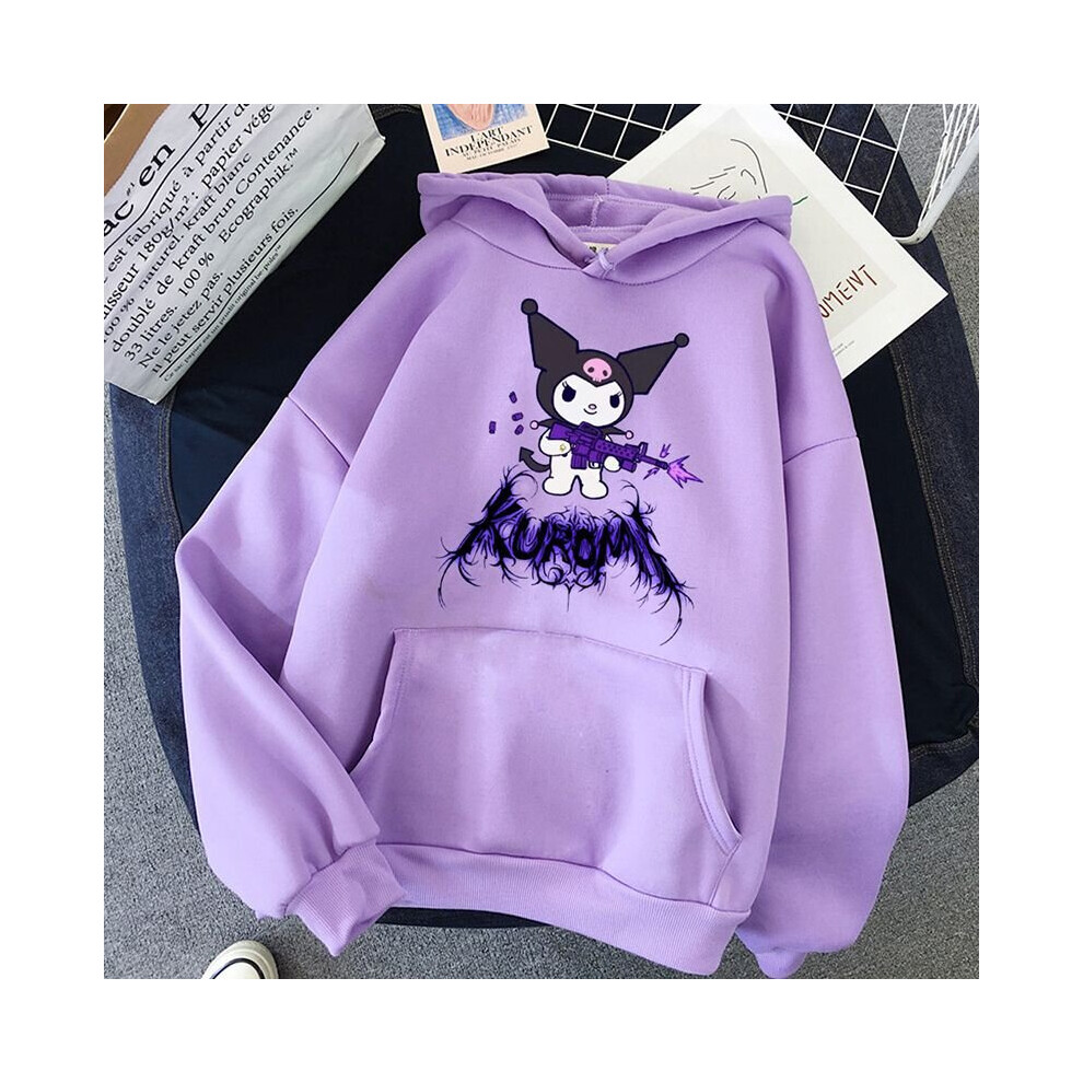 (, L) Kawaii Kuromi Hoodie Grunge Gothic Punk Cartoon Print Loose Harajuku Tops Purple