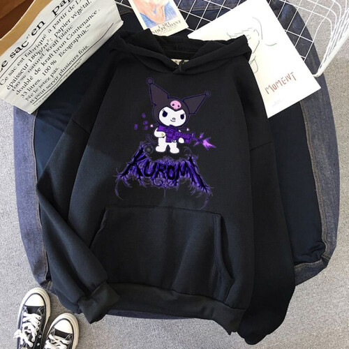 (Black, M) Kawaii Kuromi Hoodie Grunge Gothic Punk Cartoon Print Loose Harajuku Tops