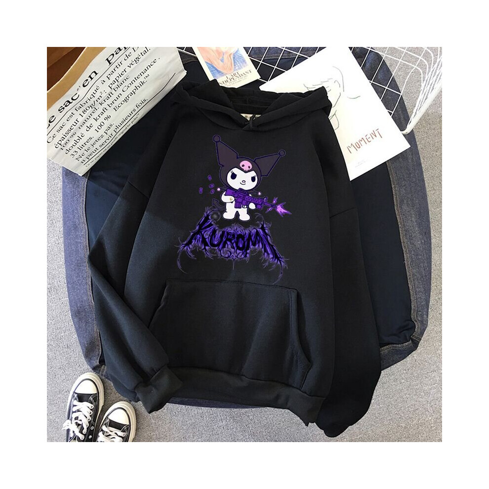 (, M) Kawaii Kuromi Hoodie Grunge Gothic Punk Cartoon Print Loose Harajuku Tops Black