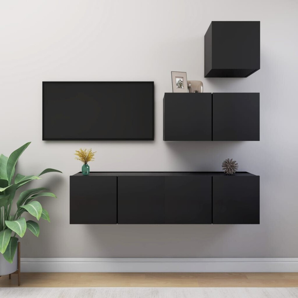 vidaXL TV Cabinet Set 4 Piece Black Chipboard Lowboard Living Room Furniture