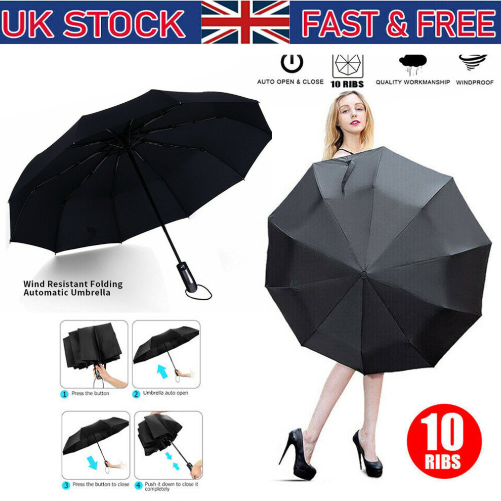 Stormproof Automatic Strong Folding Windproof 10 Ribs Black Umbrella