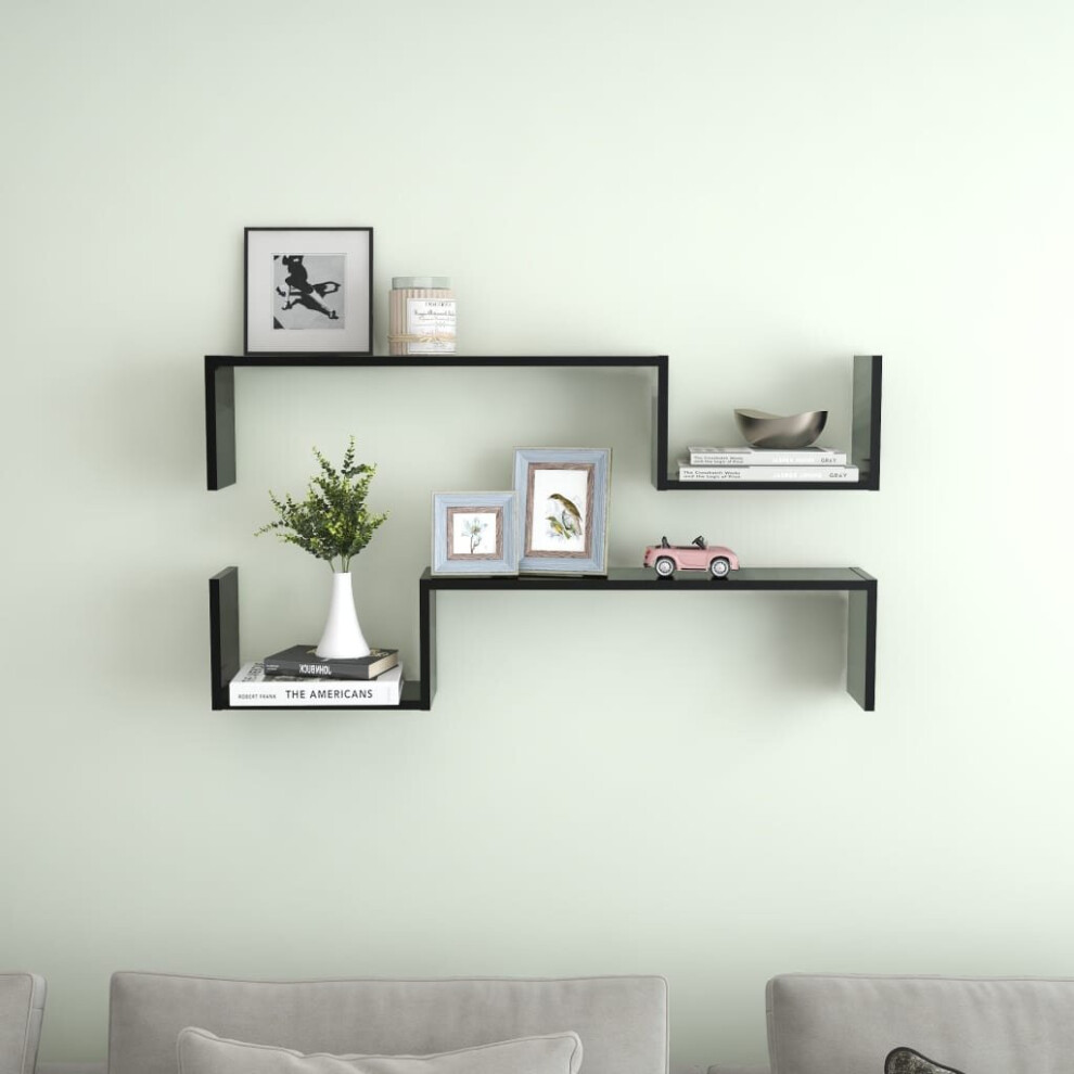 vidaXL 2x Wall Shelves Black Chipboard Home Wall-Mounted Hanging Shelf Set