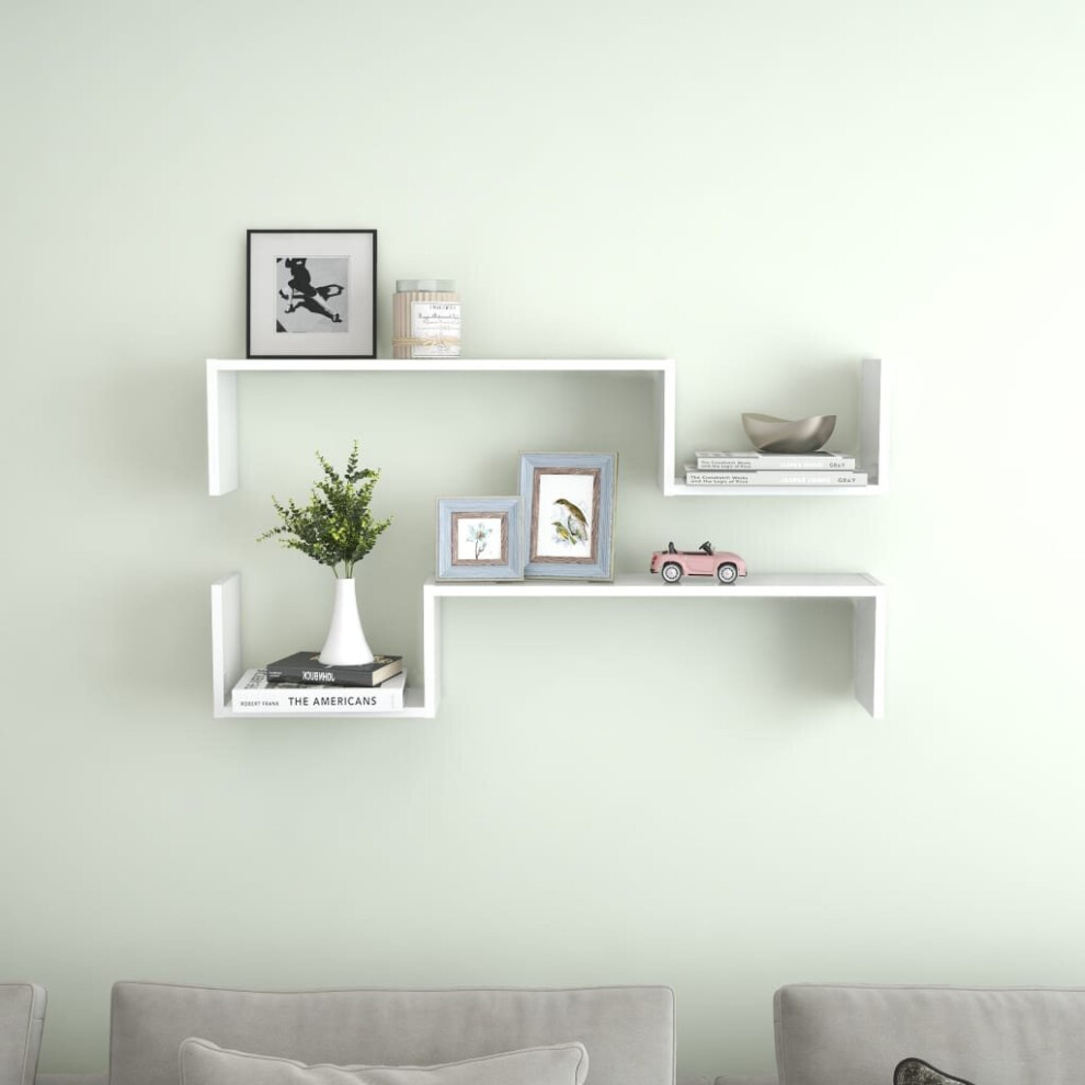 vidaXL 2x Wall Shelves High Gloss White Chipboard Wall-Mounted Hanging Shelf