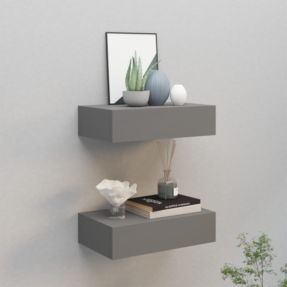 vidaXL 2x Wall-mounted Drawer Shelves Grey MDF Wall CabinetFloating Shelf Set
