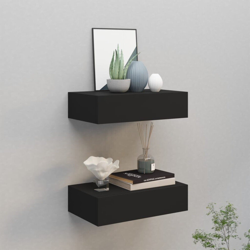 vidaXL 2x Wall-mounted Drawer Shelves Black MDF Wall CabinetFloating Shelf