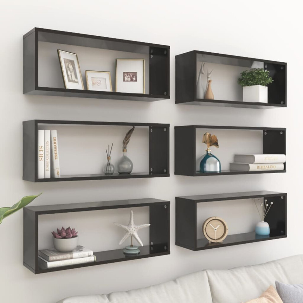 vidaXL 6x Wall Shelves Black Chipboard Wall-Mounted Floating Hanging Shelf