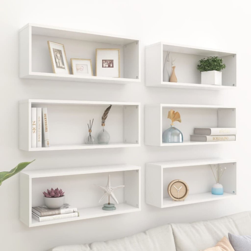 vidaXL 6x Wall Shelf White Engineered Wood Wall-Mounted Floating Hanging Shelf