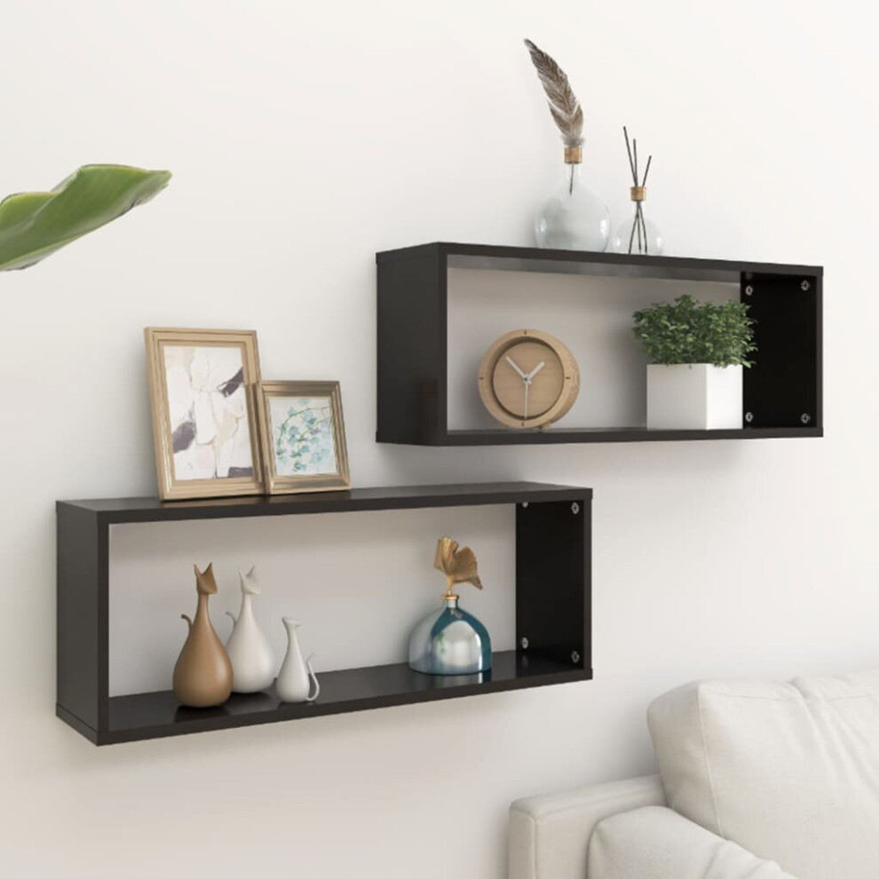 vidaXL 2x Wall Shelves Black Chipboard Wall-Mounted Floating Hanging Shelf