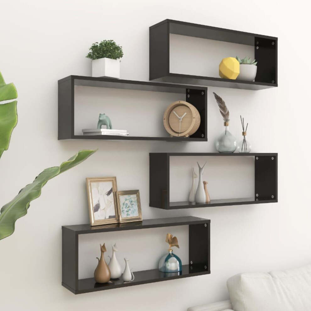 vidaXL 4x Wall Shelf Black Engineered Wood Wall-Mounted Floating Hanging Shelf