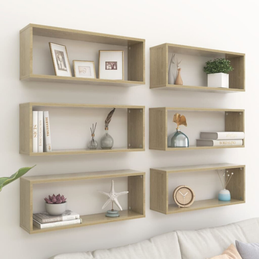 vidaXL 6x Wall Shelves Sonoma Oak Chipboard Home Wall-Mounted Floating Shelf