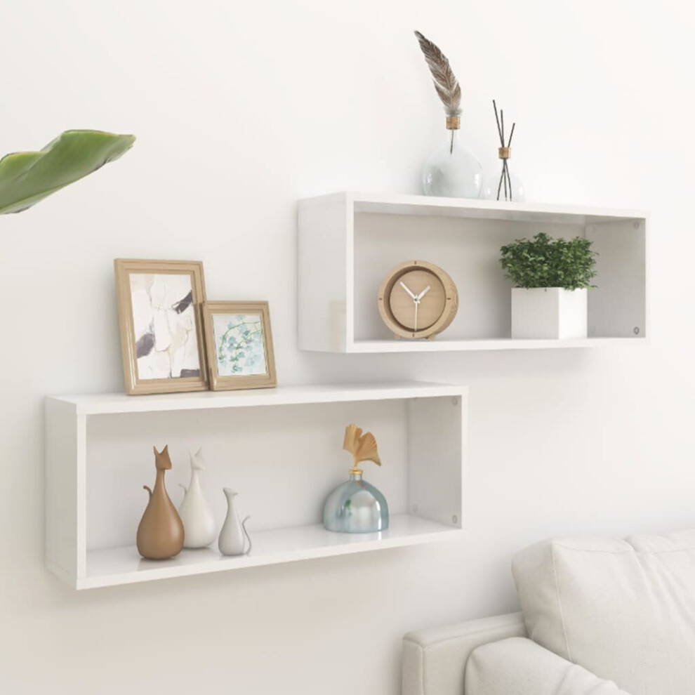 vidaXL 2x Wall Shelves High Gloss White Chipboard Wall-Mounted Hanging Shelf