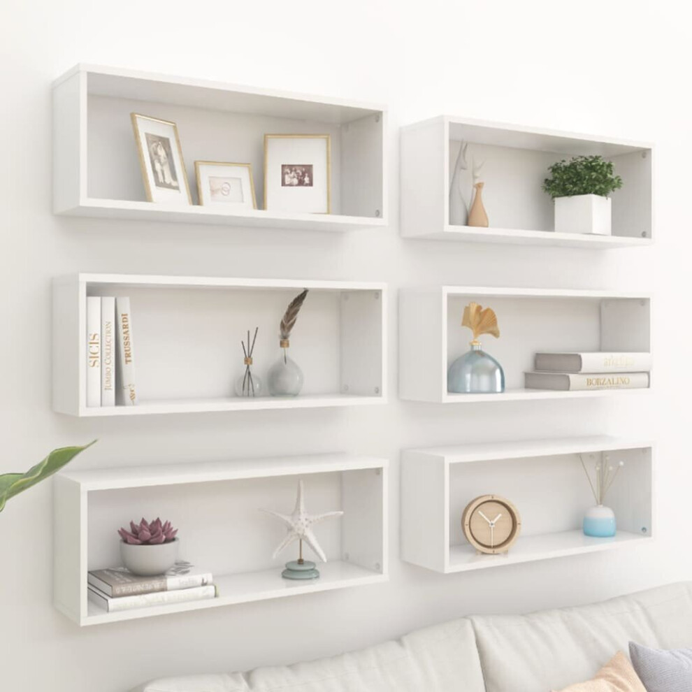 vidaXL 6x Wall Shelves High Gloss White Chipboard Wall-Mounted Hanging Shelf