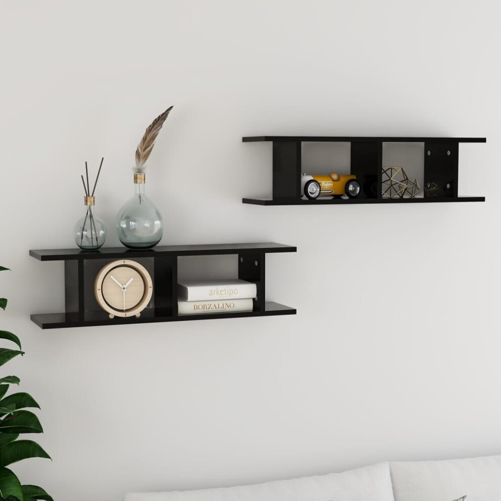 vidaXL 2x Wall Shelves Black Engineered Wood Wall-Mounted Hanging Shelf Set