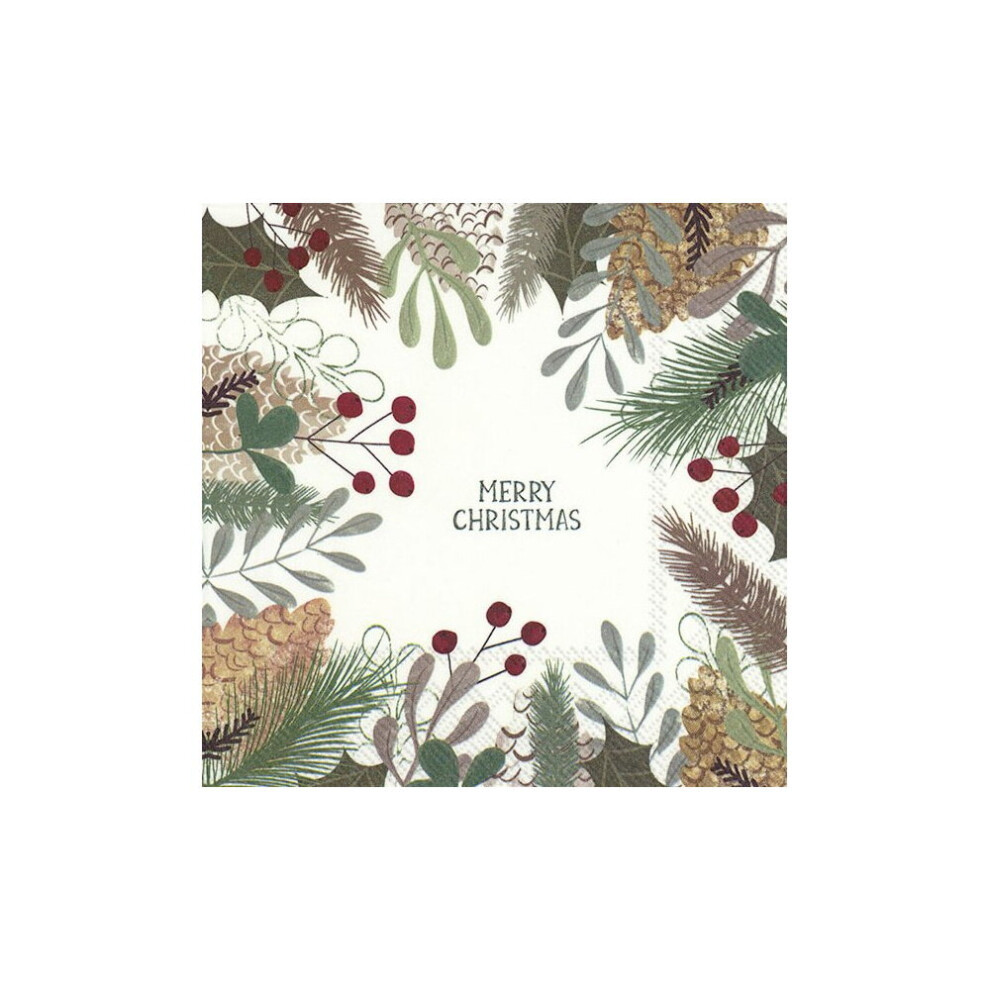 Natural Merry Christmas Holly Berries Paper Napkins Festive Party Serviettes