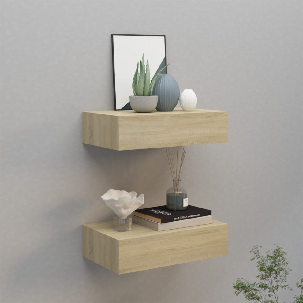 vidaXL 2x Wall-mounted Drawer Shelves Oak MDF Wall CabinetFloating Shelf Set