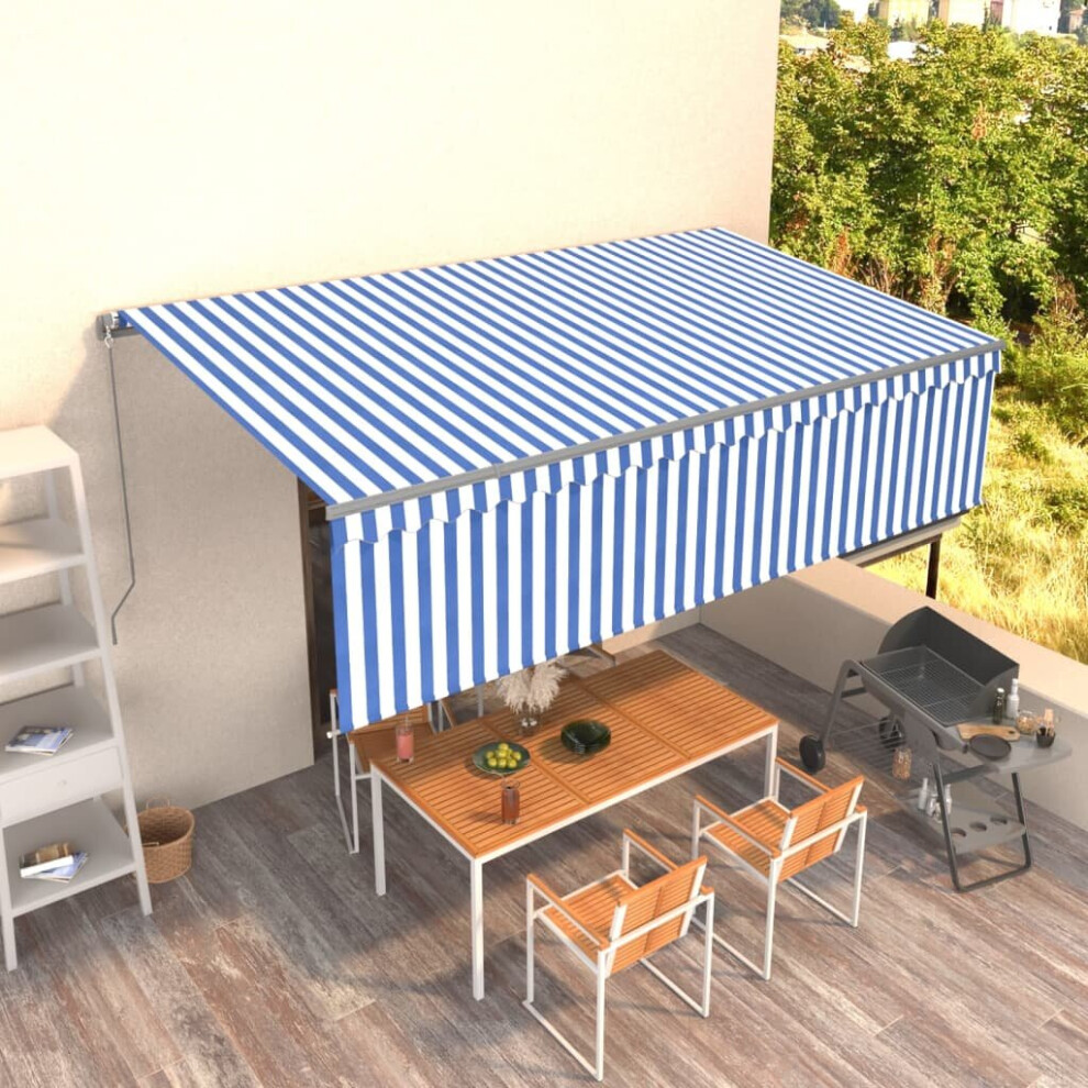 vidaXL Manual Retractable Awning with Blind 5x3m Blue&White Outdoor Awning