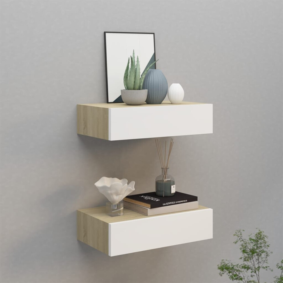 vidaXL 2x Wall Drawer Shelves Oak and White MDF Wall CabinetFloating Shelf