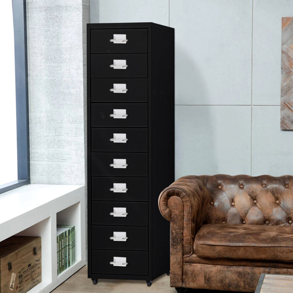 (Black) 10 Drawers Filing Cabinet Metal Storage Drawer Unit with Wheels