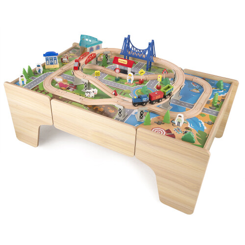 Wooden Train Track Set & Table for Kids - 80-Piece Town Building Railway Playset, Safe, Eco-Friendly