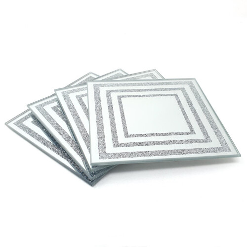 LP44445: Set of 4 Silver Square Mirror Glass Coasters, 10x10 cm, Heat-Resistant with Protective Feet