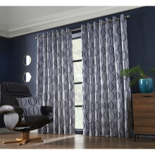 (90x90", Navy) Omega Eyelet Ring Top Curtain Pair Fully Lined Curtains Jacquard