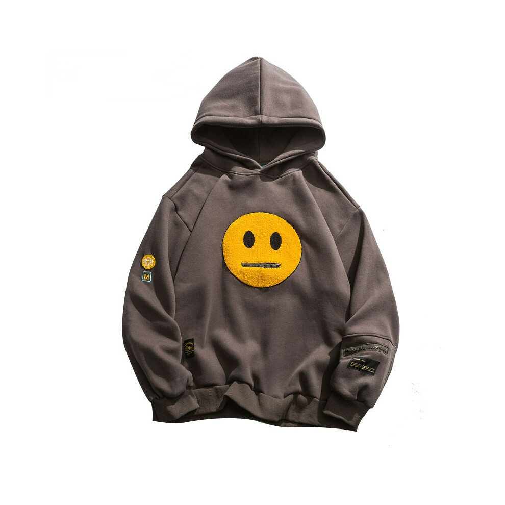 (darkgray, XL) Zipper Pocket Smile Face Patchwork Fleece Hoodies Sweatshirts,Streetwear Hip Hop Casual Pullover Hoodie