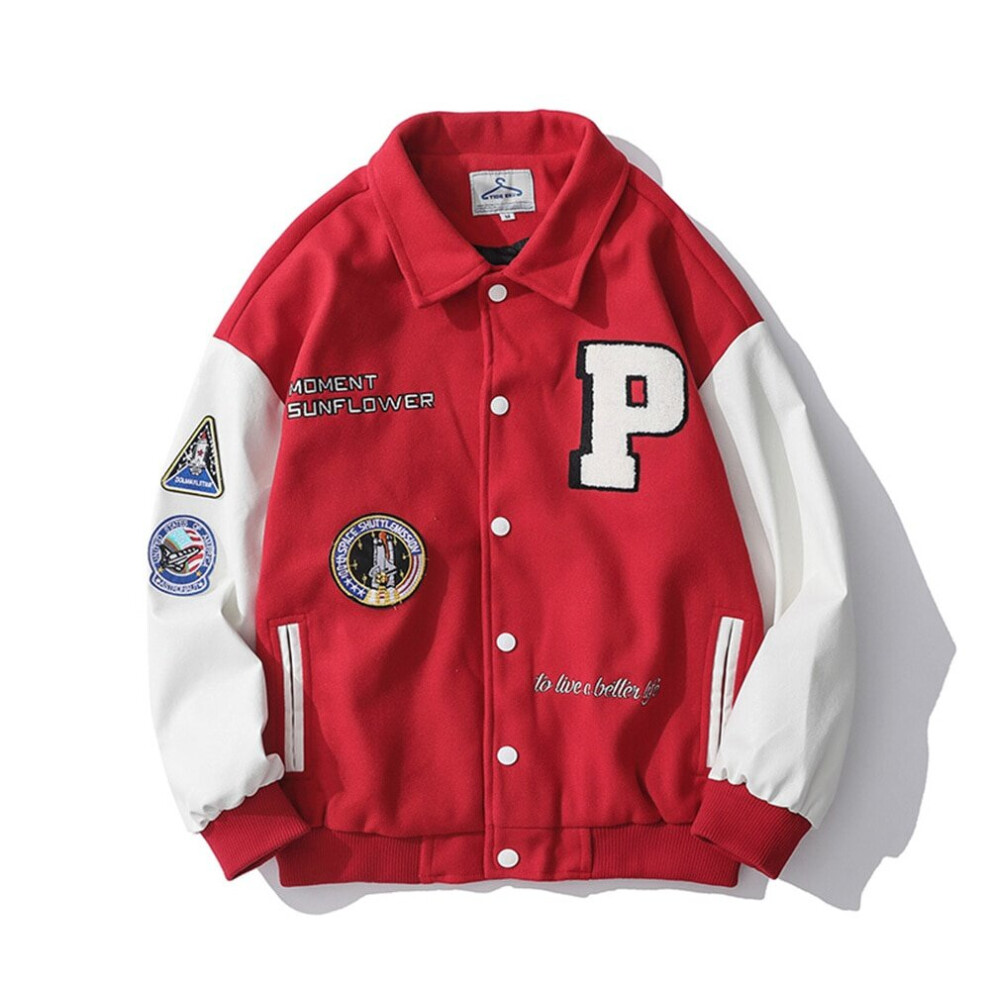 (red, L) Varsity Uniform Baseball Jacket,Sleeve Single Breasted Appliques Bomber Jacket Embroidery Patches Casual Coat