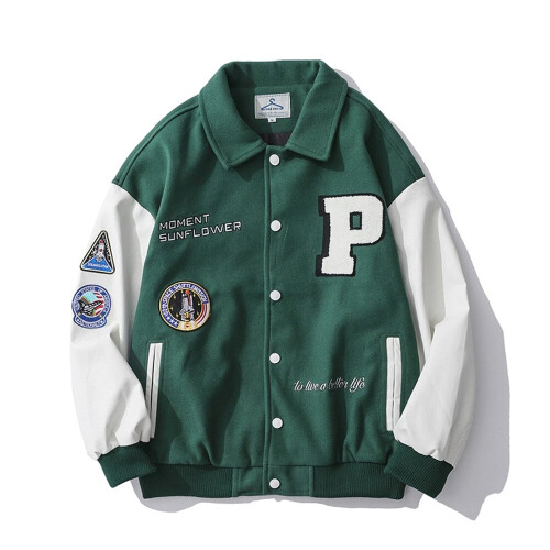 (green, M) Varsity Uniform Baseball Jacket,Sleeve Single Breasted Appliques Bomber Jacket Embroidery Patches Casual Coat