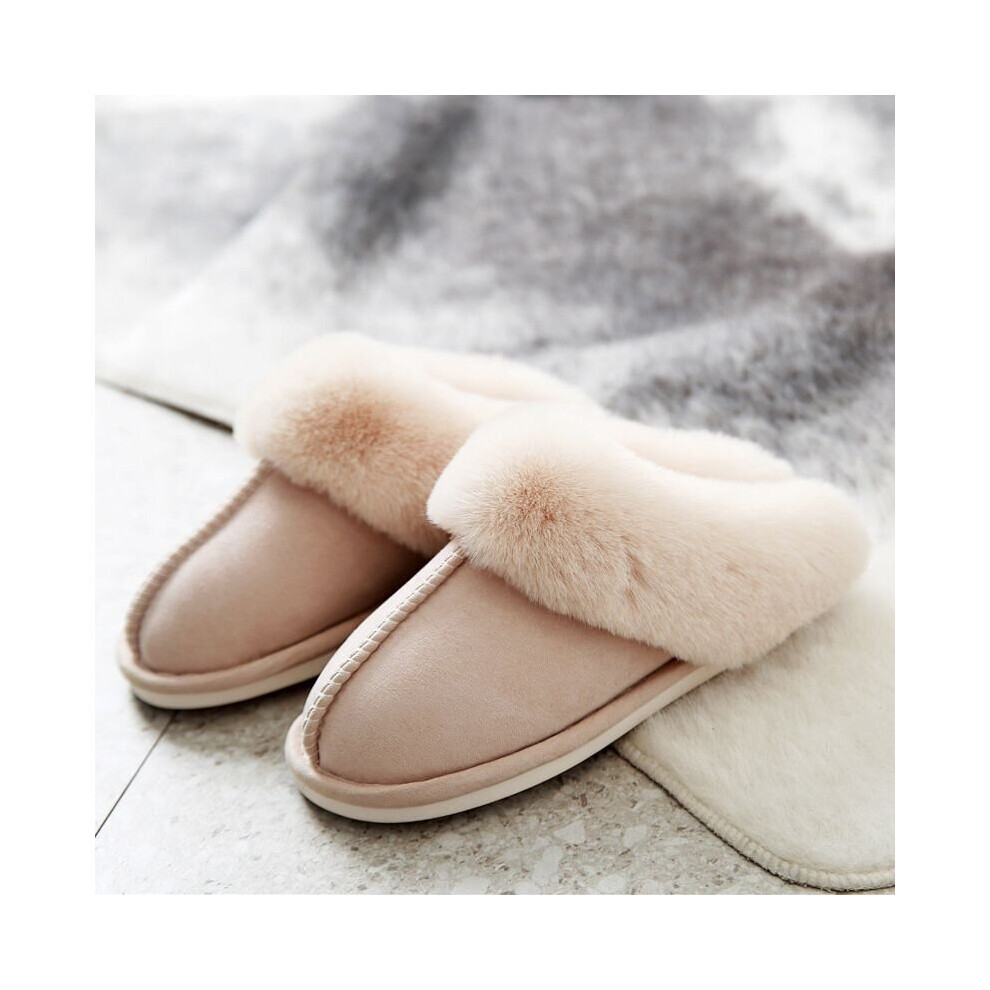(Beige, EU38-39) Women's Ladies Girls Slippers Fuzzy Fluffy Faux Fur Slides Indoor/Outdoor Shoes
