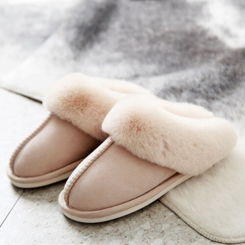 (Beige, EU40-41) Women's Ladies Girls Slippers Fuzzy Fluffy Faux Fur Slides Indoor/Outdoor Shoes