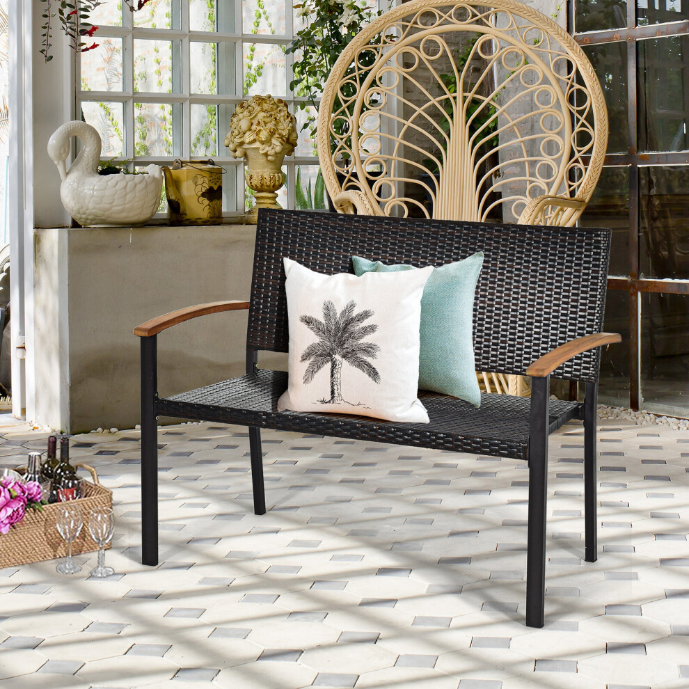 Outdoor Rattan Wicker Bench Loveseat Chair Armrest Garden Pool Deck