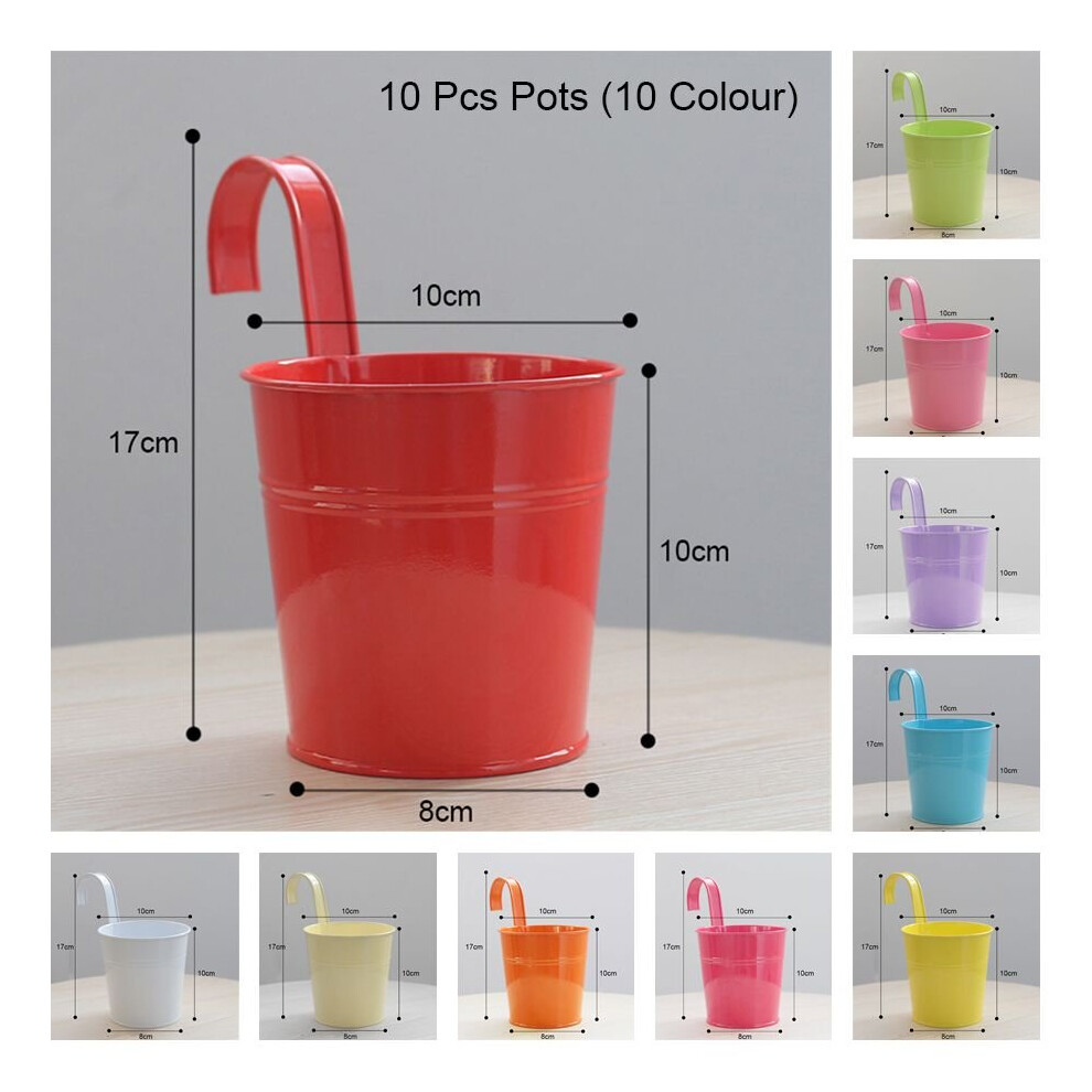 (10 Pots (10 Colour)) 10x Metal Hanging Flower Plant Pots Bucket Garden Fence Decor Removable Hook