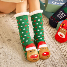 (Green Deer) Christmas Slipper Socks Faux Fleece Lining Mens Ladies Kids Family Gripper Soles