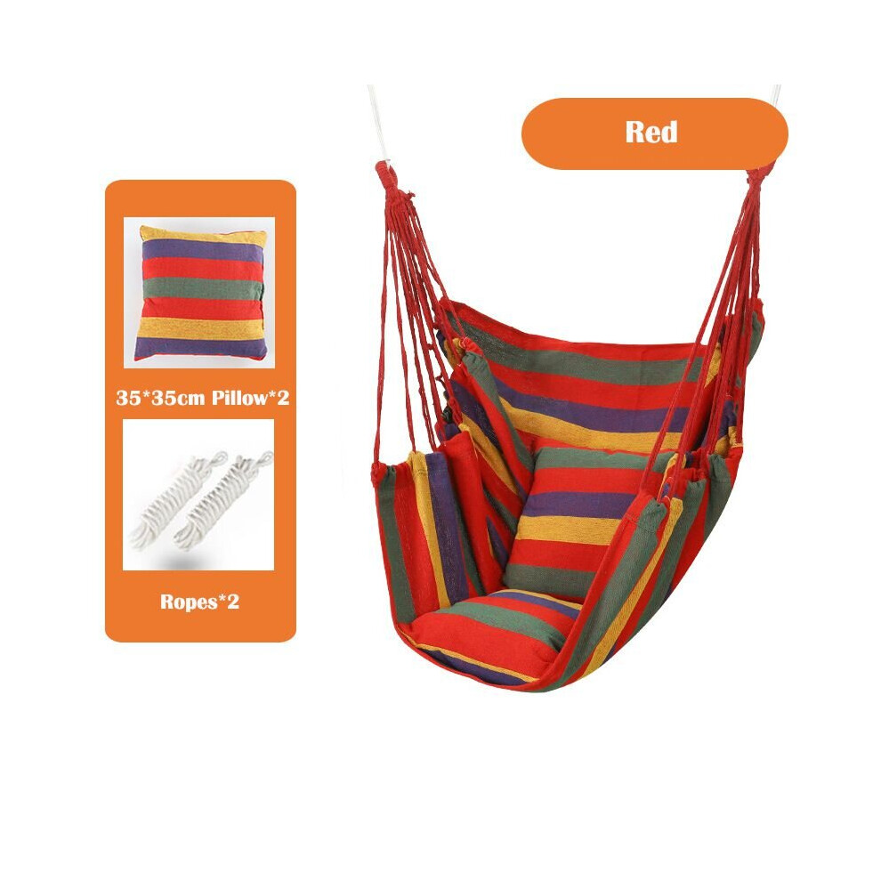 (Red Chair + 2 x Pillow) Hanging Rope Chair Swing Hammock Outdoor Porch Patio Yard Seat W/ 2 Pillows