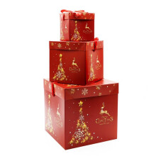 (Red-3pcs, 10x10cm+15x15cm+22x22cm) 3PCS Premium Large Christmas Gift Box With Lid & Ribbon Xmas Present Square Box