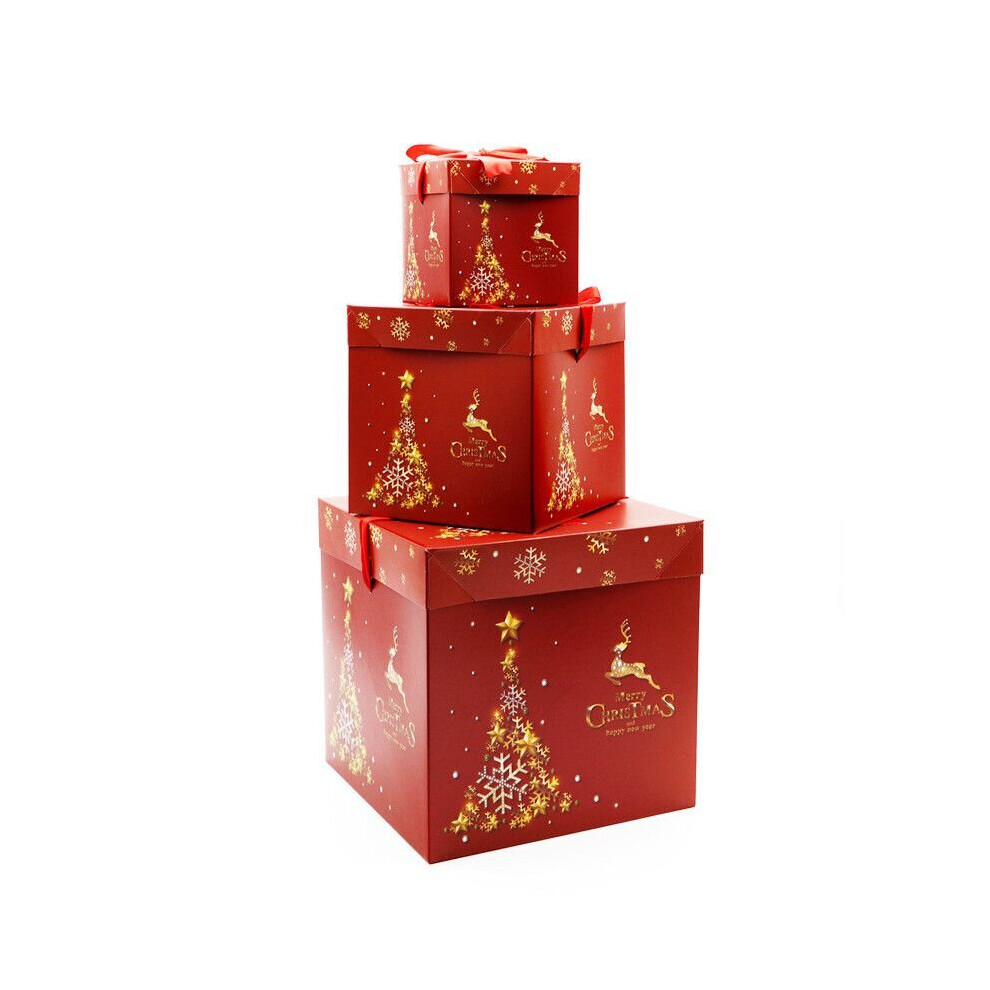 (Red-3pcs, 10x10cm+15x15cm+22x22cm) 3PCS Premium Large Christmas Gift Box With Lid & Ribbon Xmas Present Square Box