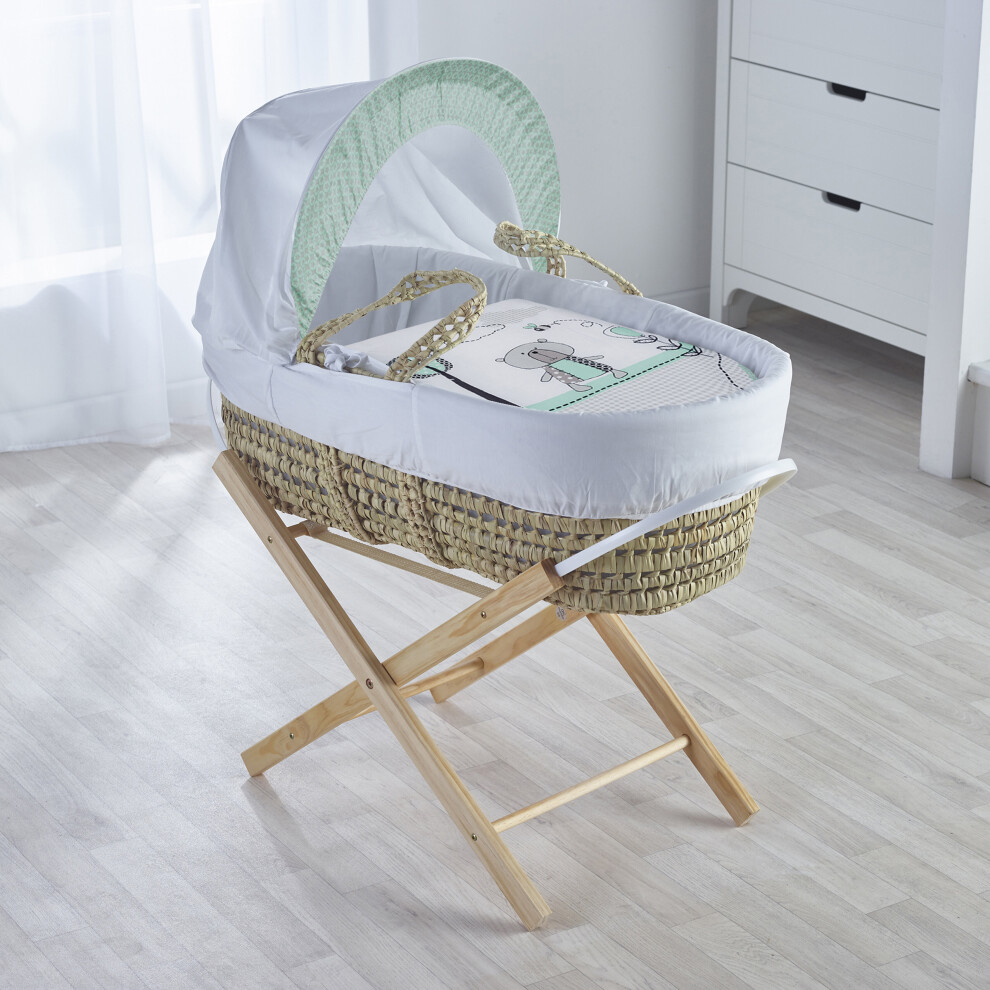 Tiny Ted Mint Palm Moses Basket with Opal Folding Stand Natural