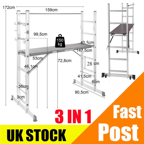 3 IN 1 Aluminium Working Platform Ladder Multi Purpose Scaffold Tower 1