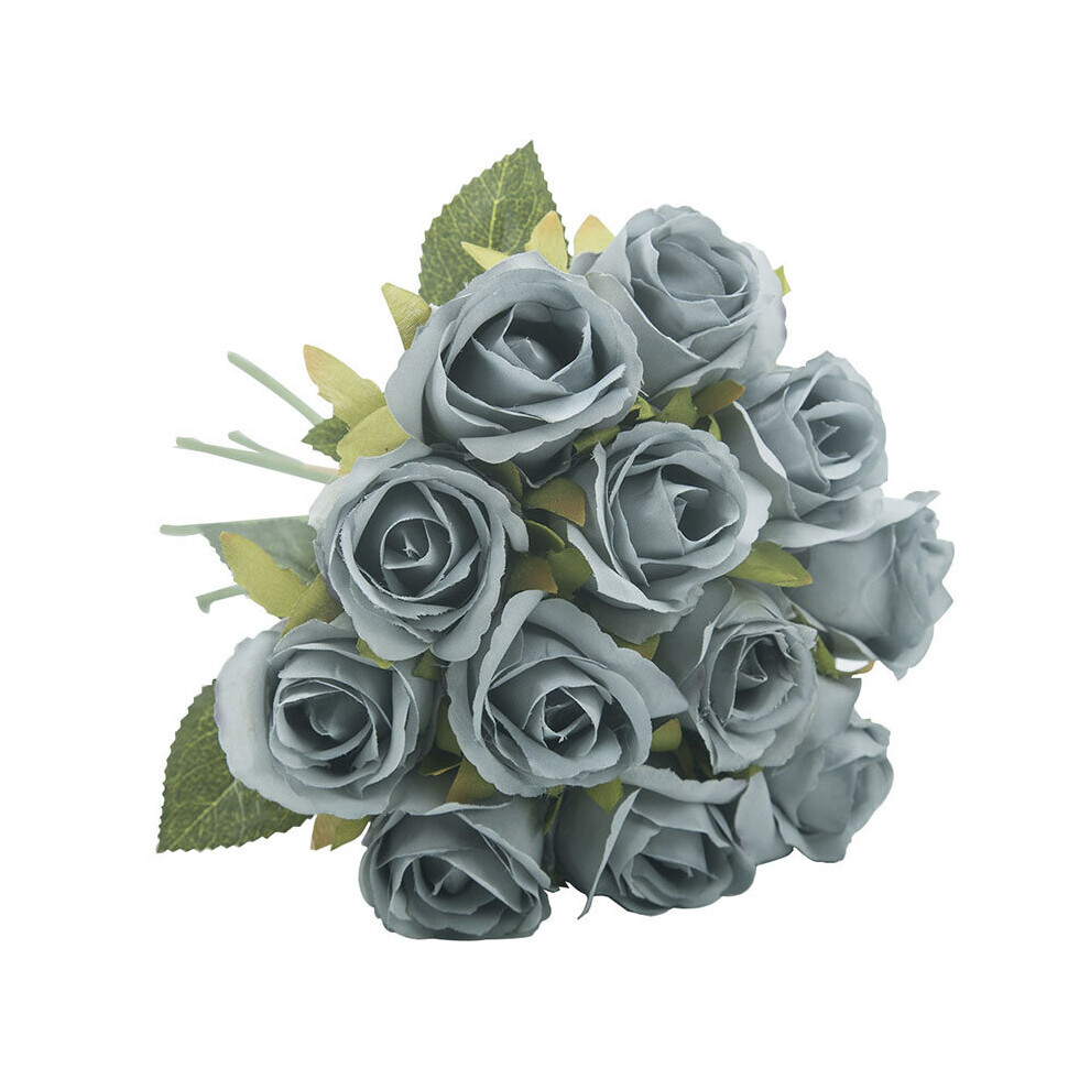 (Gray Blue) 12-Head Artificial Rose Bouquet Silk Fake Flowers Wedding Party Home Decoration