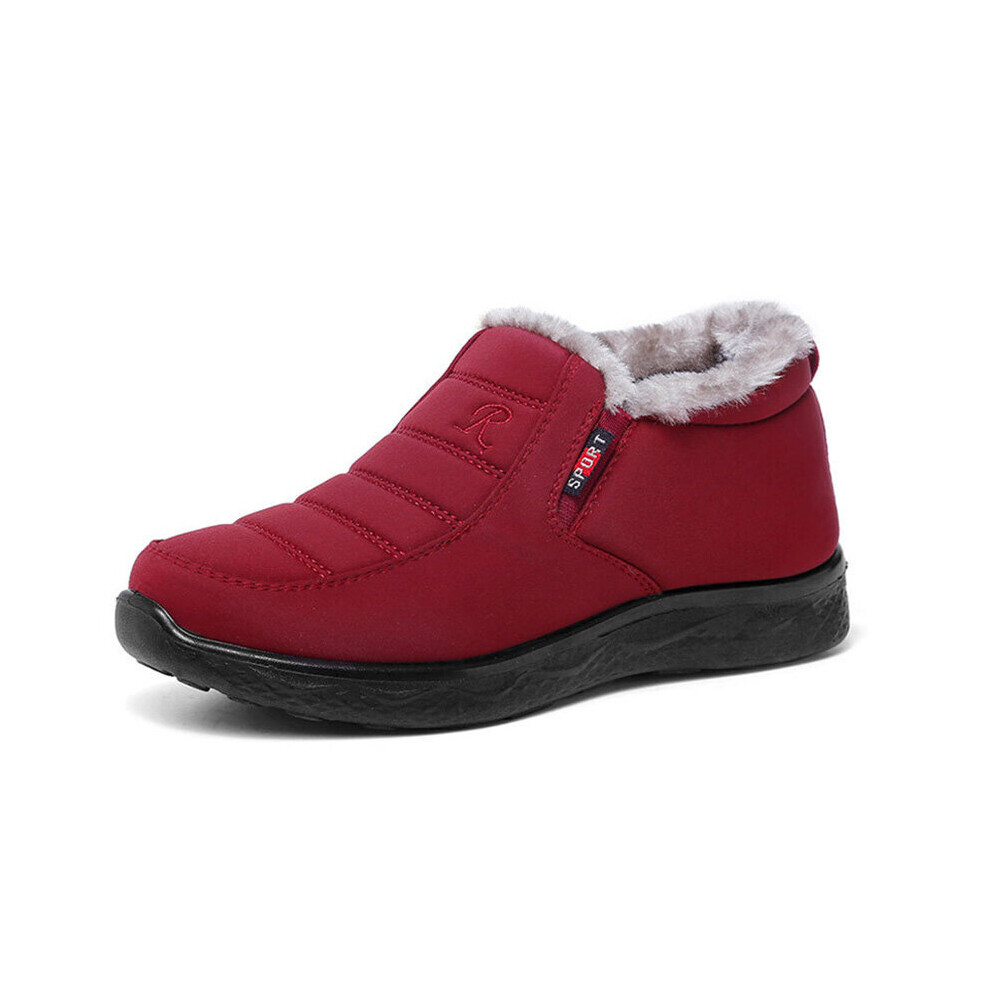 (Red-B022, 4) Womens Water Repellent Fur Lined Snow Ankle Boots Mens Ladies Winter Warm Flat Shoes