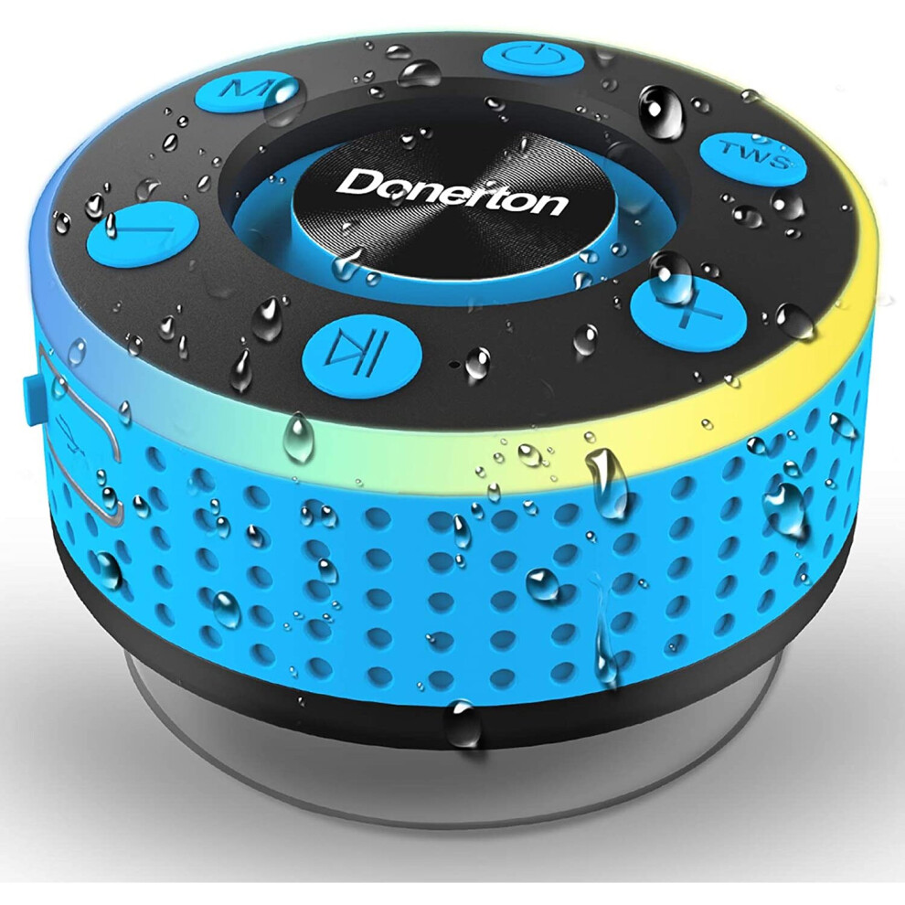 (Blue) Donerton Bluetooth Shower Speaker, IP7 Waterproof Wireless Speakers with HD Sound Stereo, Portable Speaker, LED Light Mi