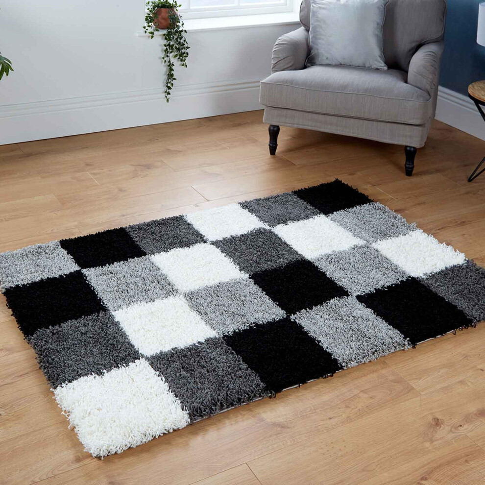 (160x230cm) Large Modern Quality 5cm Geometric Black Grey Silver Rugs