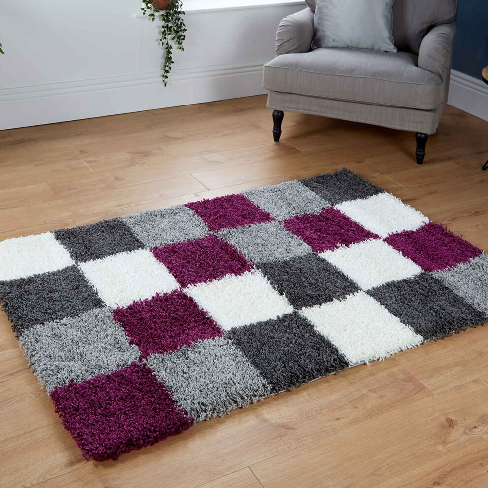 (160x230cm) Large Geometric Grey Silver Aubergine Shaggy Rugs