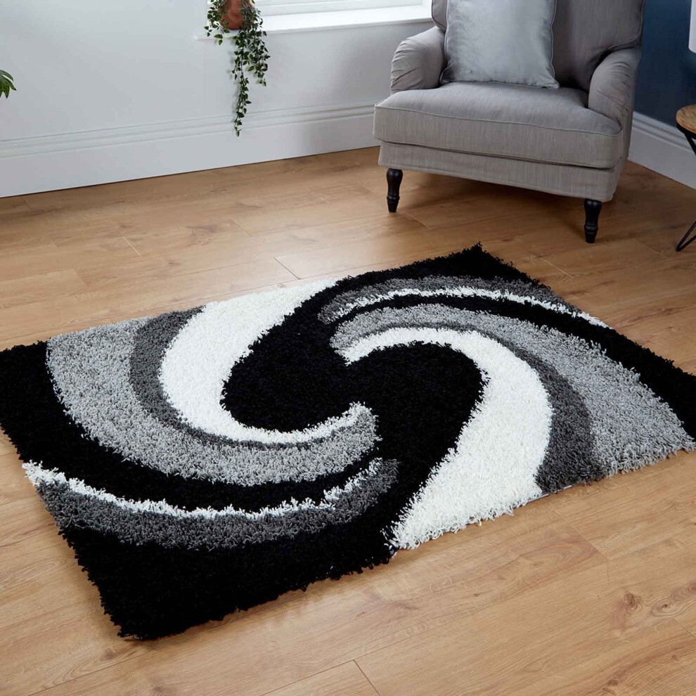 (80x150cm) Quality Black Grey Silver 5cm Modern Shaggy Rugs