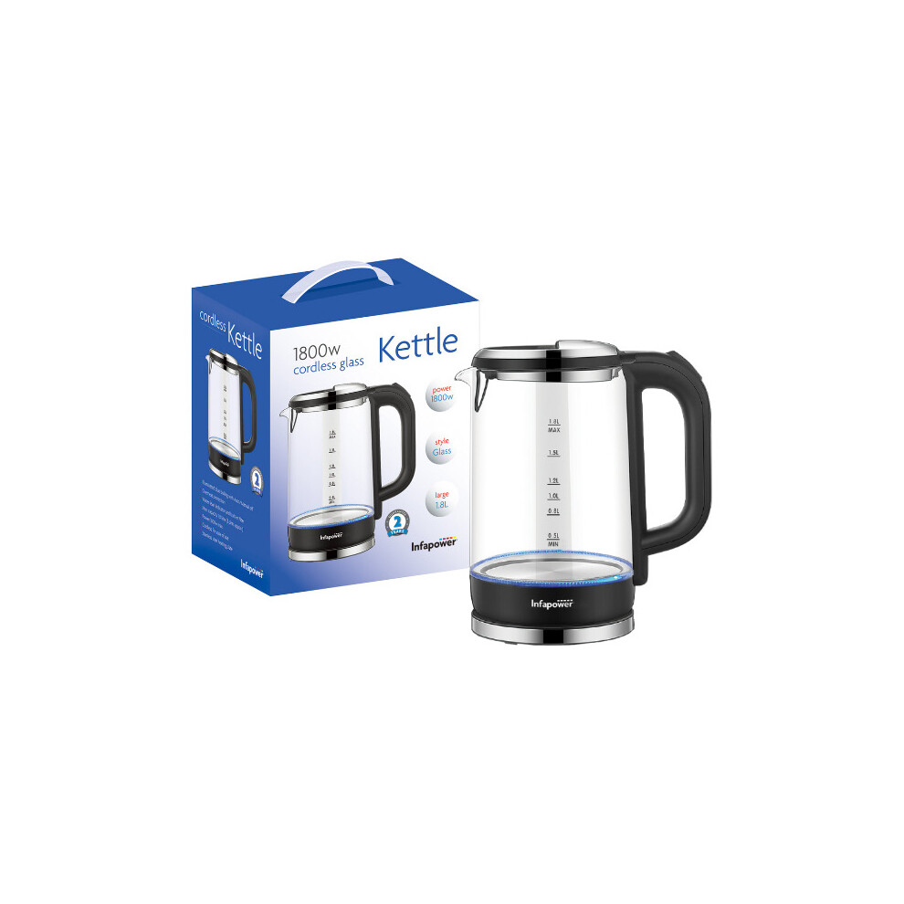 Infapower Large Cordless Glass Kettle | 1.8 [L] | 1800w - Transparent