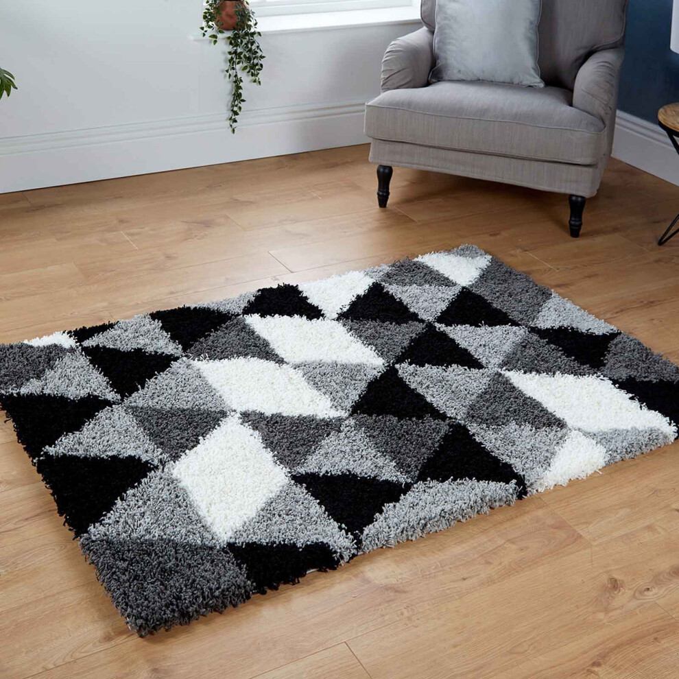 (160x230cm) Large Geometric Black Grey Silver 5cm Shaggy Rugs